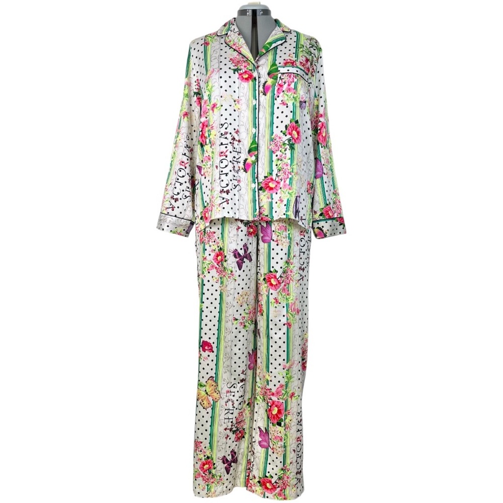 Victoria’s Secret Satin Pajama Set Small 4 6 Floral Lounge Shirt Pants Pajamas